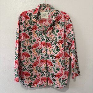 Printfresh Pink Flamingo Botanical Print Long Sleeve Button-Up Pajama Top Size L